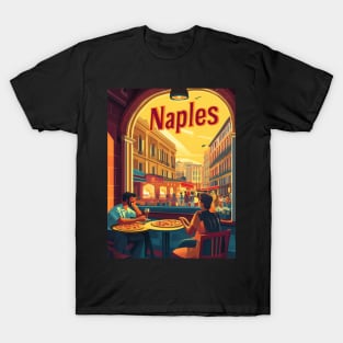Two people savor delicious pizza at an outdoor cafe in Naples, surrounded by lively streets and beautiful buildings as the sun sets, T-Shirt